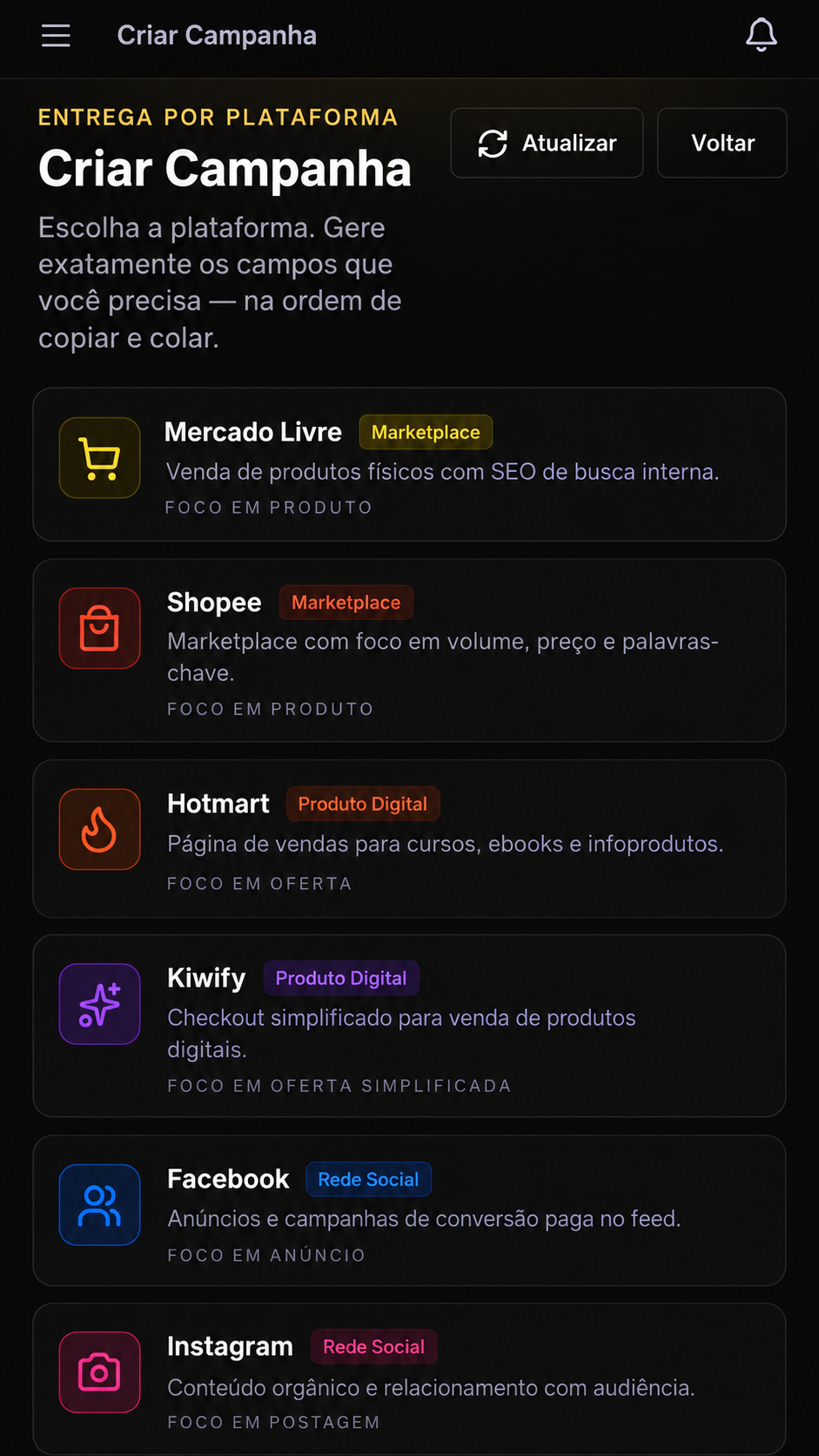 Tela Criar Campanha, recriada em alta definição