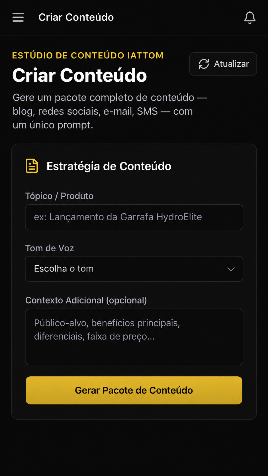 Tela Criar Conteúdo, recriada em alta definição