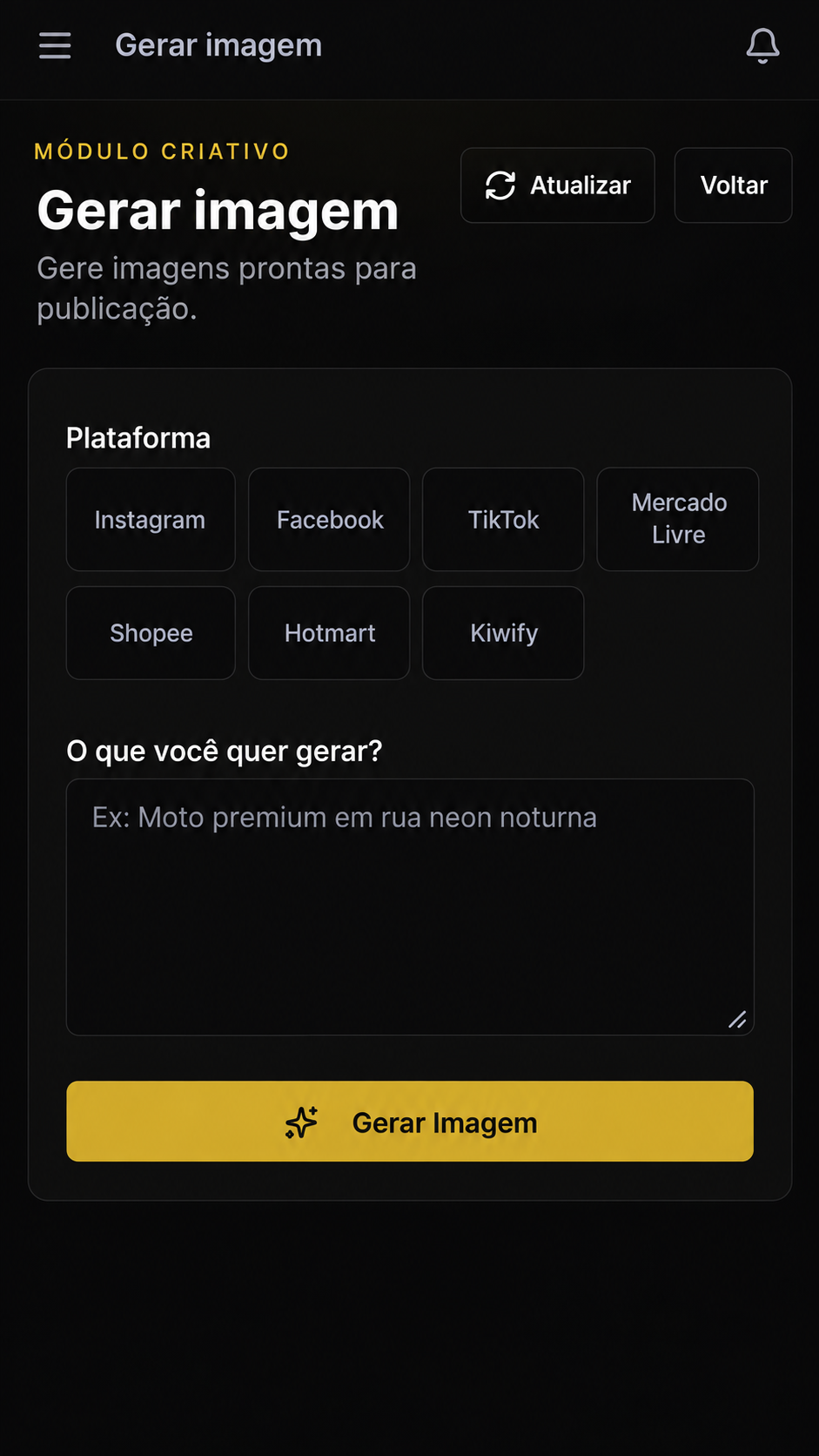 Tela Gerar Imagem, recriada em alta definição
